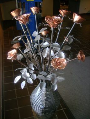 Custom Made Original Christopher Santini Steel/Copper Floor Vase And Roses