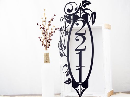 Custom Made Vertical Metal House Number Sign, Vines, 4 Digit - Matte Black Shown