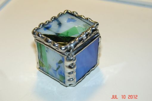 Custom Made 1 X 1 X 1 Tiny Ring Stained Glass Box In Blue And Green Fractured Glass