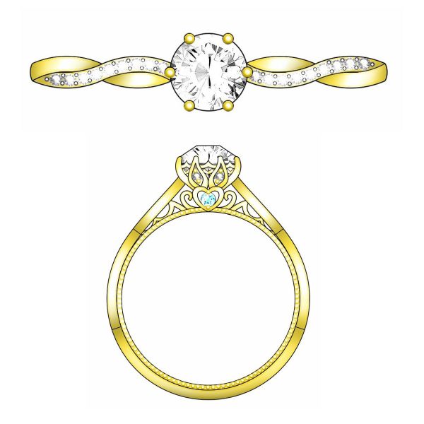 Pavé-set diamonds come in waves in the yellow gold band of this dainty diamond-centered engagement ring.