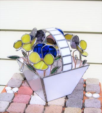 Custom Made Basket Of Pansies- Stained Glass Centerpiece- Industrial Flowers- Sculpture
