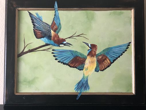 Custom Made Ruffled Feathers--Handpainted Birds On Vintage Cabinet Door