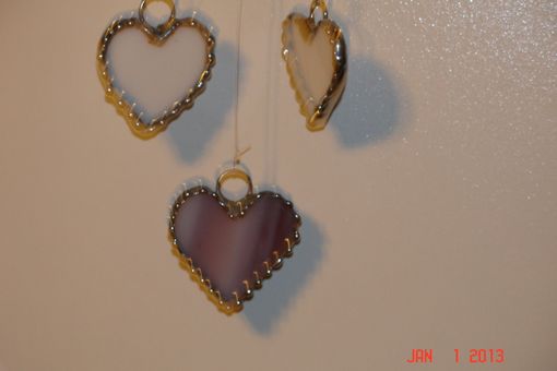 Custom Made Stained Glass Heart Suncatcher In Purple / Yellow / Pink Swirled And Two White Dangling Hearts