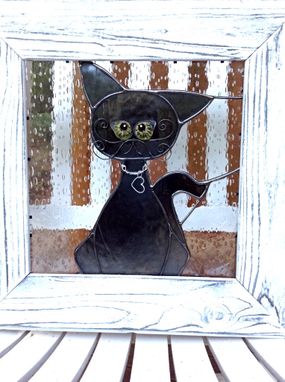 Custom Made Stained Glass Panel Cat Black Cat Wood Framed