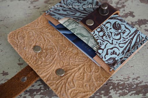 Custom Made Bison And Turquoise Leather Card Wallet For Man Or Woman