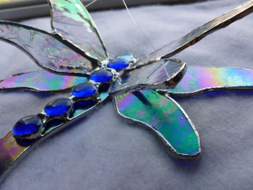 Custom Made Cobalt Iridescent Blue Dragonfly Stained Glass Art