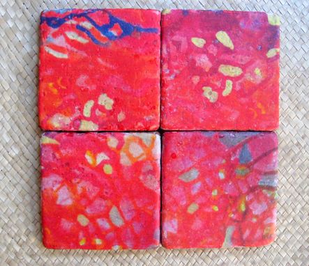 Custom Made Tile Coasters Handmade Tile With Multi-Colored Original Artwork -Set Of 4 Red Orange Blue