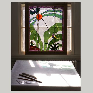 Custom Made Art Glass Window In Oak Frame