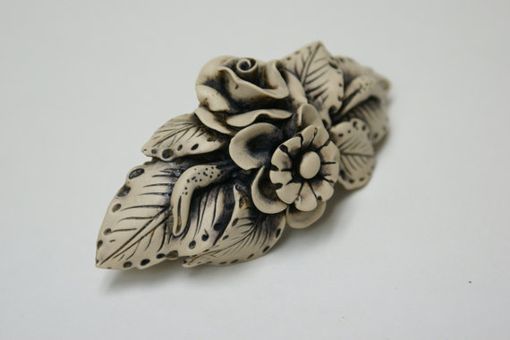 Custom Made Barrette, Hand Sculpted Polymer, Off White Ivory Color Flower Leaves