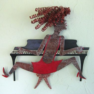 Custom Made Handmade Upcycled Metal Piano Lady In Red Wall Art Sculpture
