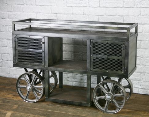 Custom Made Reclaimed Wood Industrial Trolley Bar Cart - Storage Console, Sofa Table, Tv Stand.