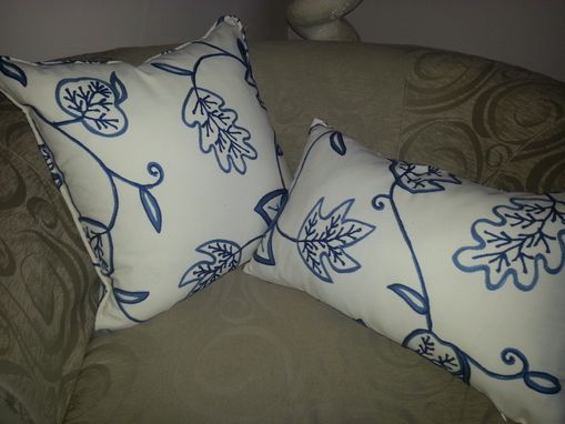 Custom Made Sale! 20 X 20 Embroidered Pillow Cover - Blue Leafs On A Off-White/Cream Back Ground