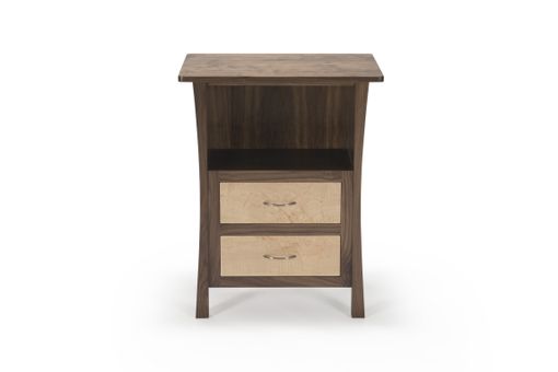 Custom Made Walnut Nightstand With Two Drawers, Laptop Space, Maple Inset Panels, Curved Inlays