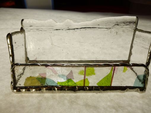 Custom Made Clear Stained Glass Business Card Holder With Multicolored Glass Flecks