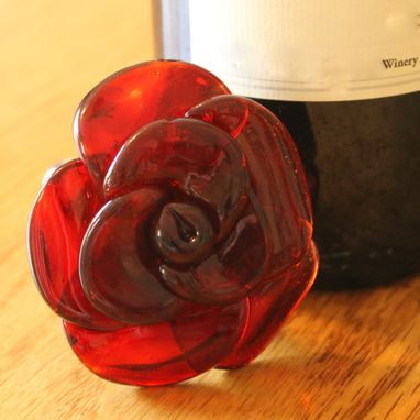 Custom Made Wine Bottle Stopper Glass Rose Red, Hand Blown Rose Flower Stainless Steel, Gift For Wino
