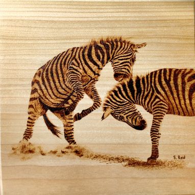 Custom Made Two Zebra Stallions Wood Burning