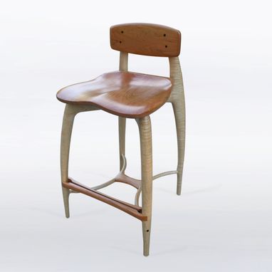 Custom Made Modern Wood Bar Stool, Counter Stool, Hand Carved Seat And Legs In Cherry And Curly Maple "Sea Ray