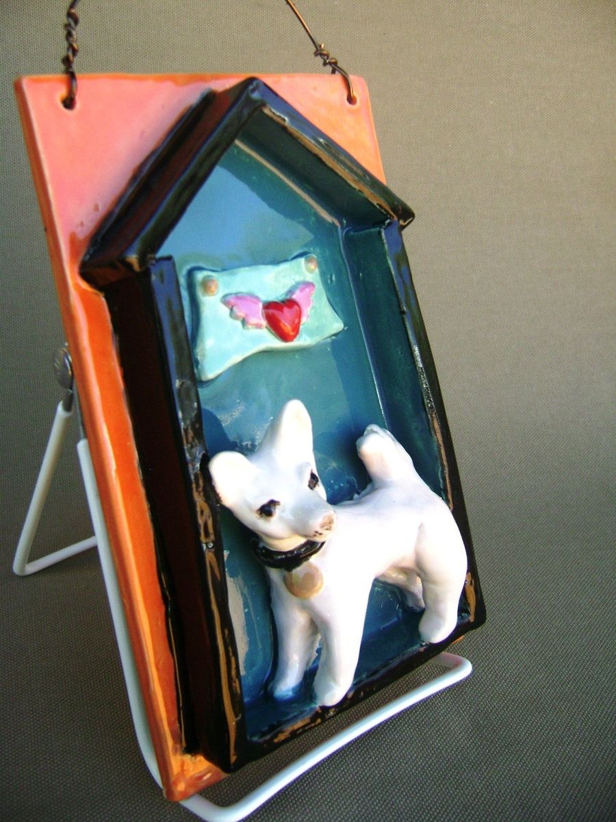 Hand Crafted Dog House Ceramic Tile With A Heart Banner, Wall Hanging