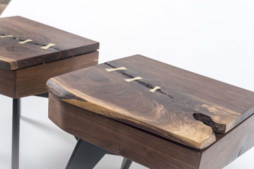 Custom Made Matching Walnut Slab Nightstands With Brass Lamp Touch Sensors