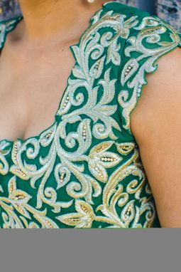 Custom Made Long Dress Teel Green Net Fabric, Light Gold Jari Stone Embroidery Churidar Teel Green Lycra Fabric.