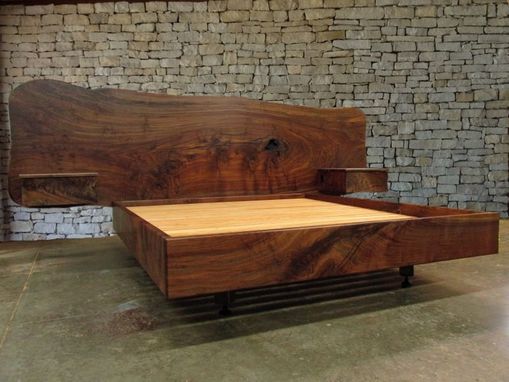 Custom Made Claro Walnut Slab Headboard, Bed, California King Frame And Floating Side Tables