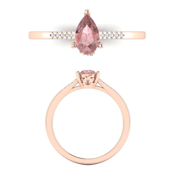 This bridal set features a solitaire, pear cut sapphire in light pink that feels warm against a rose gold band, with a matching tiara wedding band.