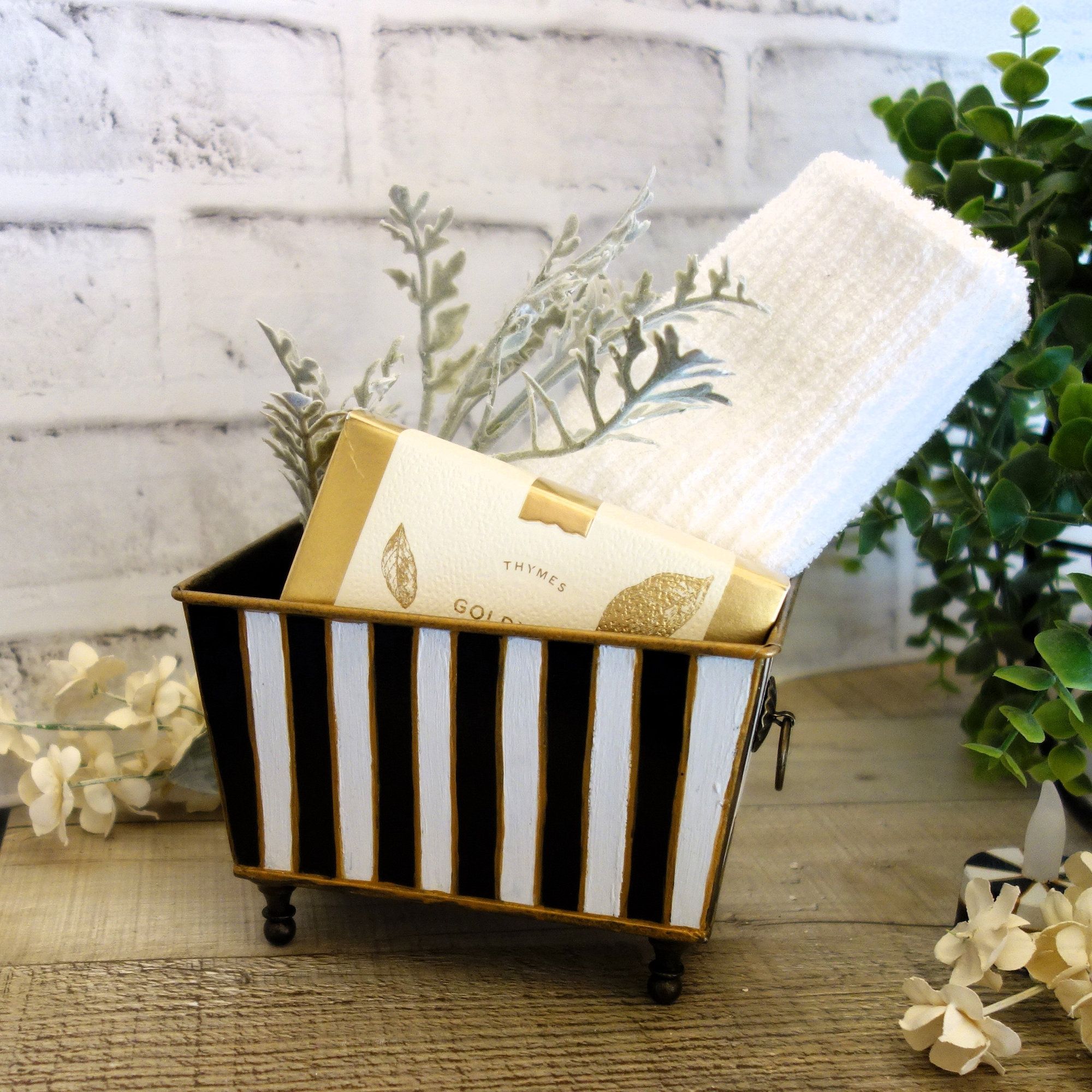 Custom Black White Stripe Small Vanity Organizer Guest Towel Caddy