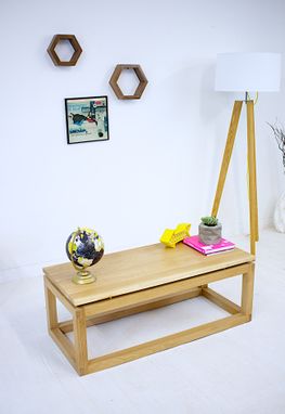 Custom Made Modern Parsons Style Solid White Oak Floating Tabletop With Brass Accents