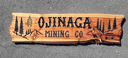 Custom Made Wood Carved Signs With Mine Cart And Lantern