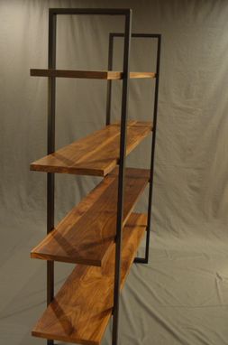 Custom Made Floating Walnut And Steel Bookcase