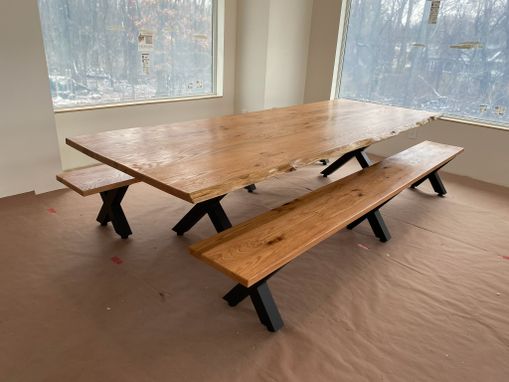Custom Made Live Edge Oak Dining Table With Two (2) Bench Seats And Metal Legs