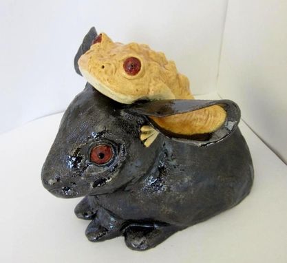 Custom Made Sculpted Ceramic Frog On Rabbit