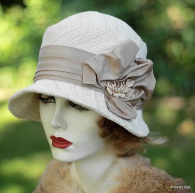 Custom Made 1920'S Cloche Hat In Ivory And Taupe Heavy Textured Fabric