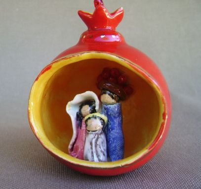 Custom Made Ceramic Pomegranate Ornament With Nativity Scene, Jesus (As A Boy) Mary And Joseph.