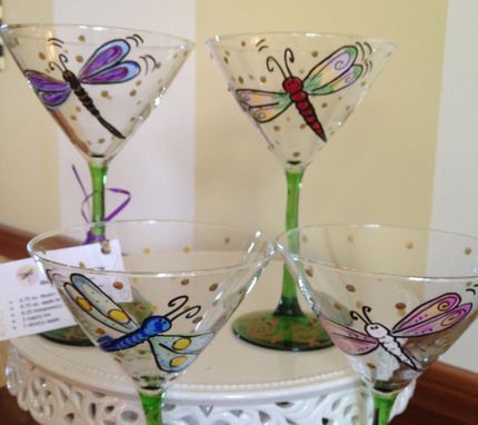 Custom Made Hand Painted Dragonfly Martini Glasses Glassware