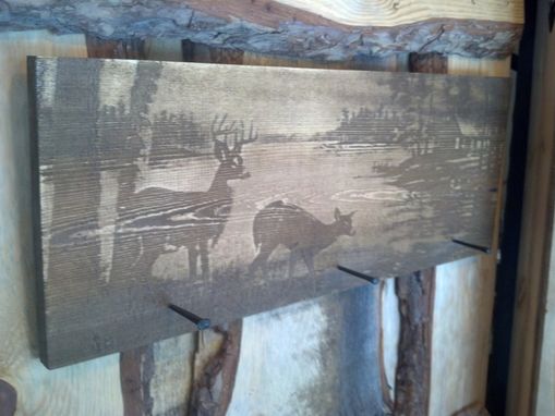 Custom Made Rustic Coat Pine Cost Hook With Rustic Nails &Laser Engraved Wildlife Scene