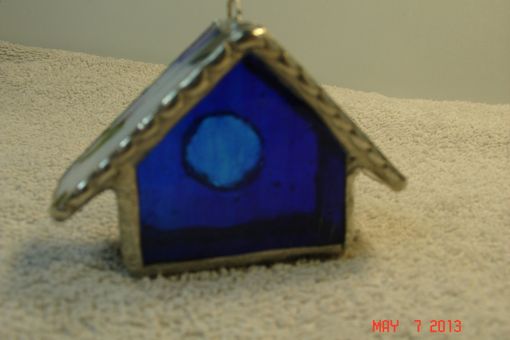 Custom Made Empty Nest Bird House Ornament In Colbalt Blue With Green / Pink Roof