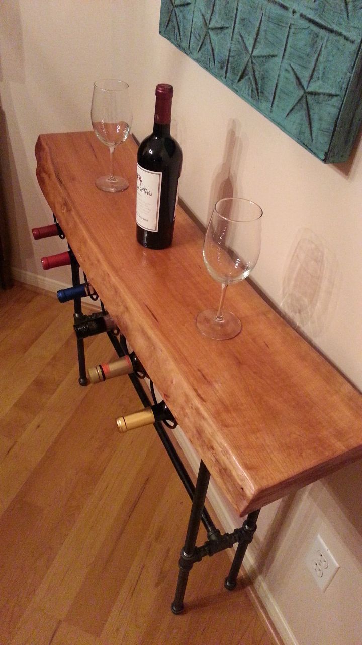 Hand Crafted Live Edge Cherry Wood Slab Wine Rack Table by Texas