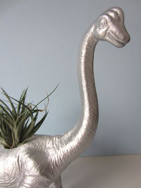 Custom Made Upcycled Dinosaur Planter - Extra Large Silver Brontosaurus With Air Plant