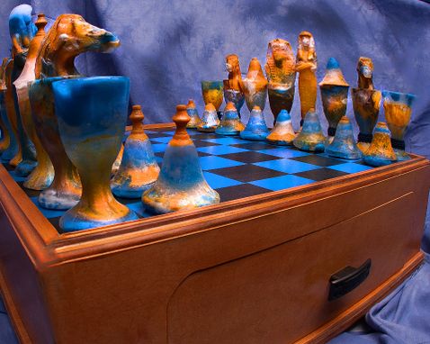 Custom Made Valley Of The Kings Blue Glass Chess Set