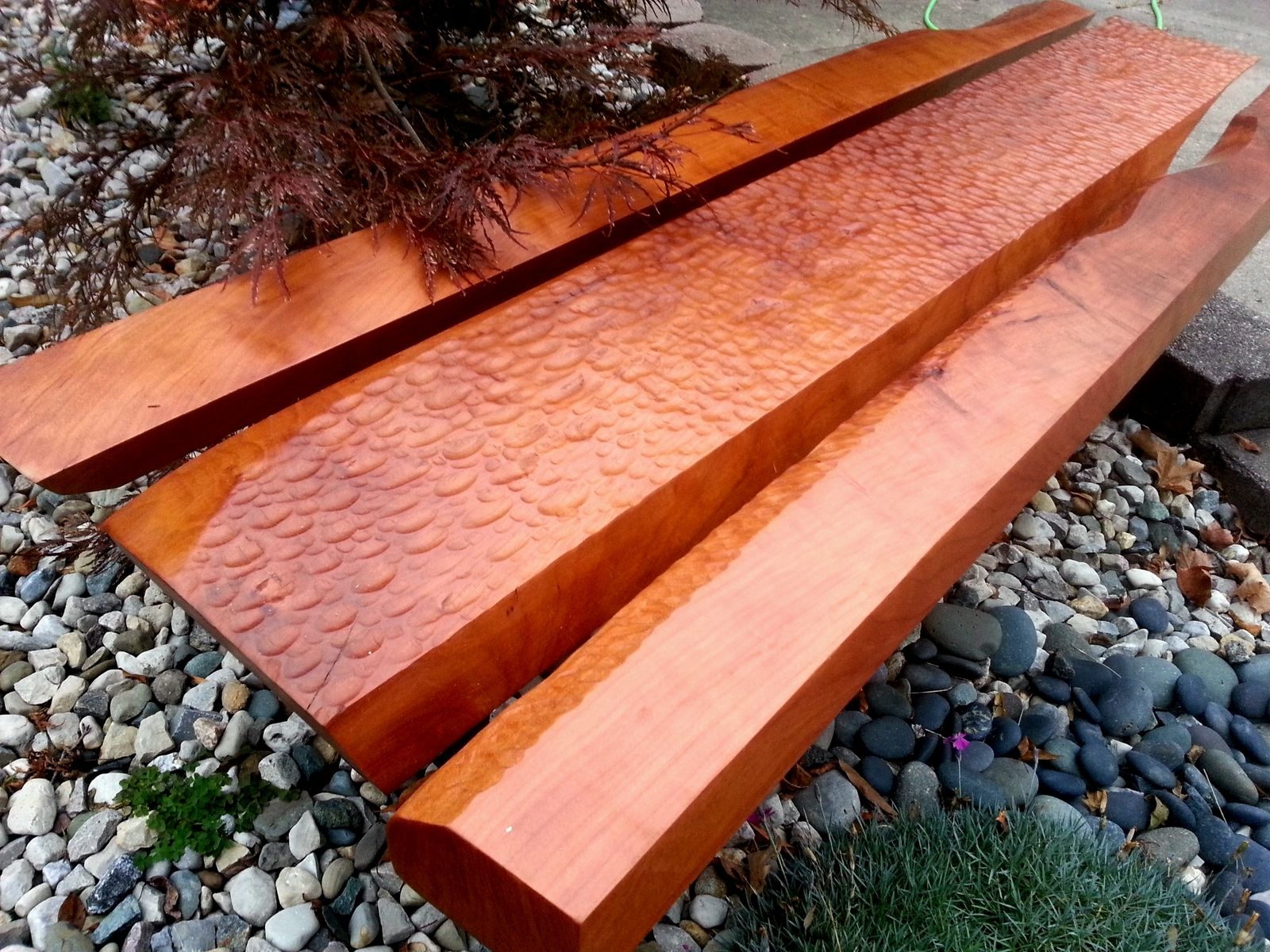 Hand Crafted Hand Carved Dimpled Solid Cherry Furniture. Bench, Stool