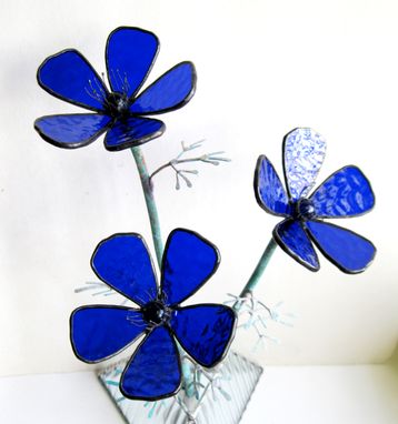 Custom Made Anemone In Cobalt Blue Stained Glass Industrial Flower Sculpture