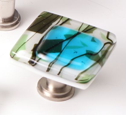 Custom Made Skyblue With Green Fractures And Streamers Stacked Ivory Fused Glass Cabinet Pull