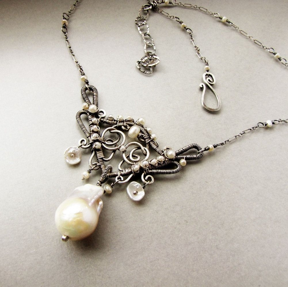 Hand Crafted Sterling Silver And Pearls Featuring Large Flameball Pearl ...