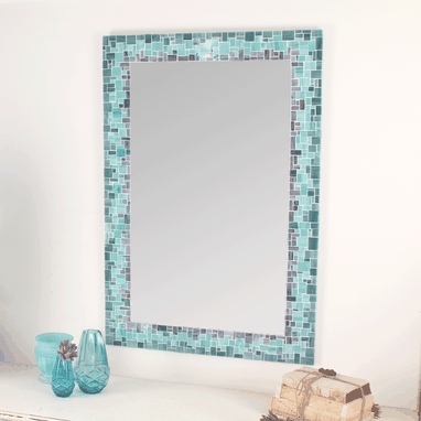 Handmade Sunburst Decorative Mosaic Wall Mirror In Iridescent Sunburst Decorative Mosaic Wall Mirror In Iridescent Gray Sea Green And Blue Stained Gl