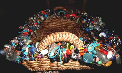 Custom Made Large Beaded Tray Basket With Handmade Glass Beads Blue Suede Cording