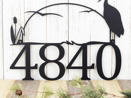Custom Made Metal House Number Sign, Heron - Matte Black Shown