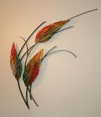 Custom Made Three Leaves Fused Glass And Metal Wall Art