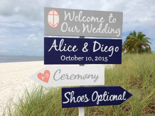 Hand Crafted Silver Welcome Wedding Sign Shoes Optional Beach