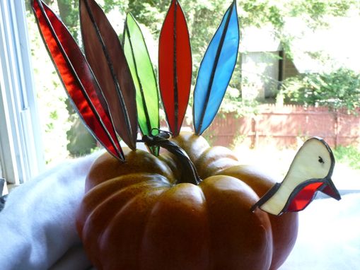 Custom Made Stained Glass Turkey Head And Multicolored Feathers